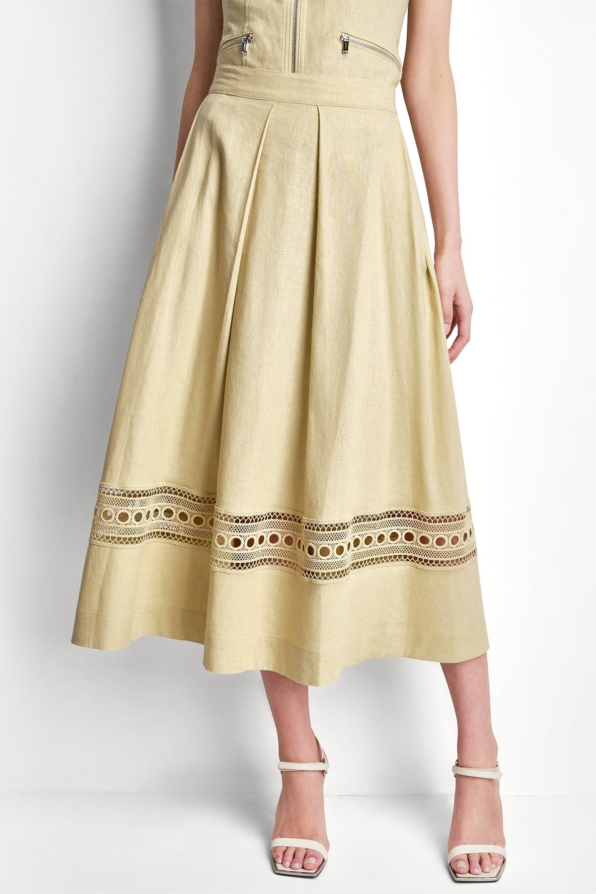 LINEN-BLEND LOOP LACE-TRIMMED PLEATED MIDI SKIRT Mojave Desert | DKNY