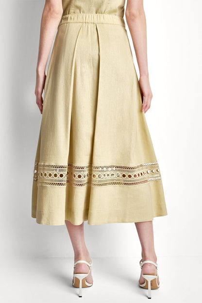LINEN-BLEND LOOP LACE-TRIMMED PLEATED MIDI SKIRT Mojave Desert | DKNY