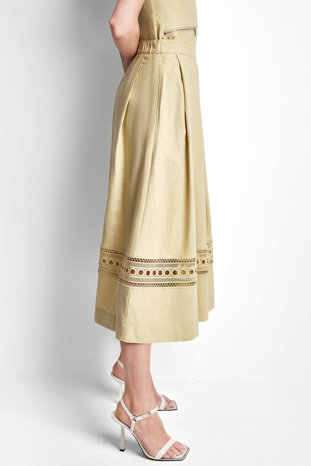 LINEN-BLEND LOOP LACE-TRIMMED PLEATED MIDI SKIRT Mojave Desert | DKNY