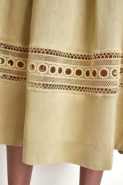 LINEN-BLEND LOOP LACE-TRIMMED PLEATED MIDI SKIRT Mojave Desert | DKNY