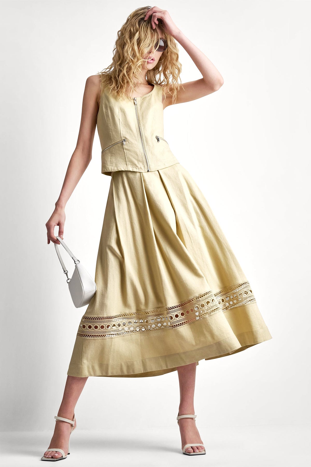 LINEN-BLEND LOOP LACE-TRIMMED PLEATED MIDI SKIRT Mojave Desert | DKNY