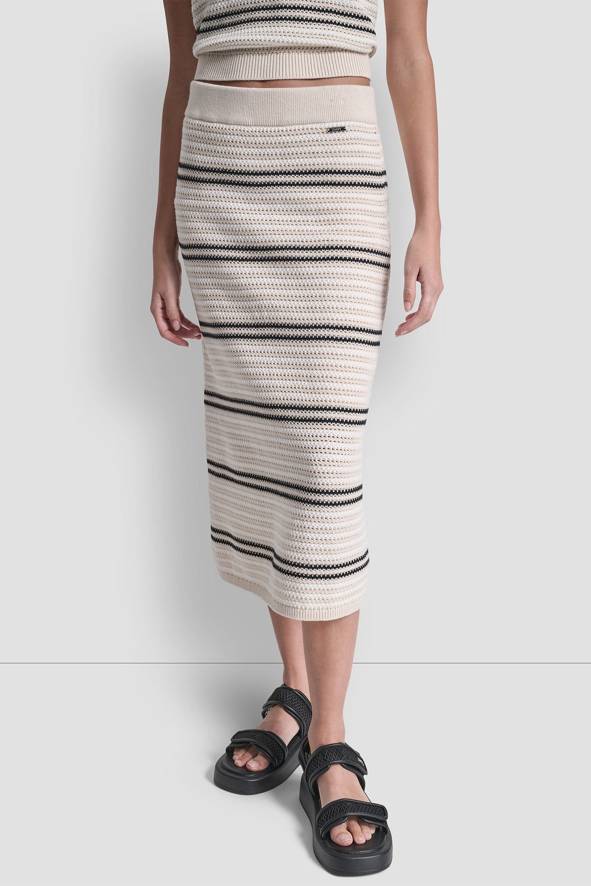 STRIPED POINTELLE STITCH MIDI SKIRT Natural/Ivory/Black | DKNY