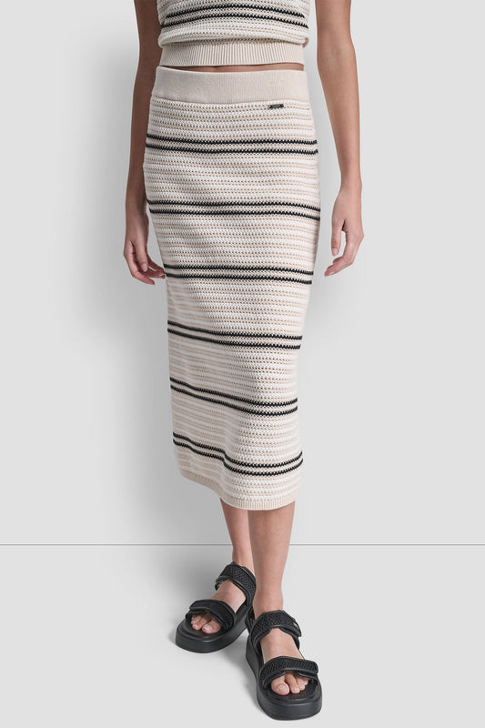 STRIPED POINTELLE STITCH MIDI SKIRT Natural/Ivory/Black | DKNY