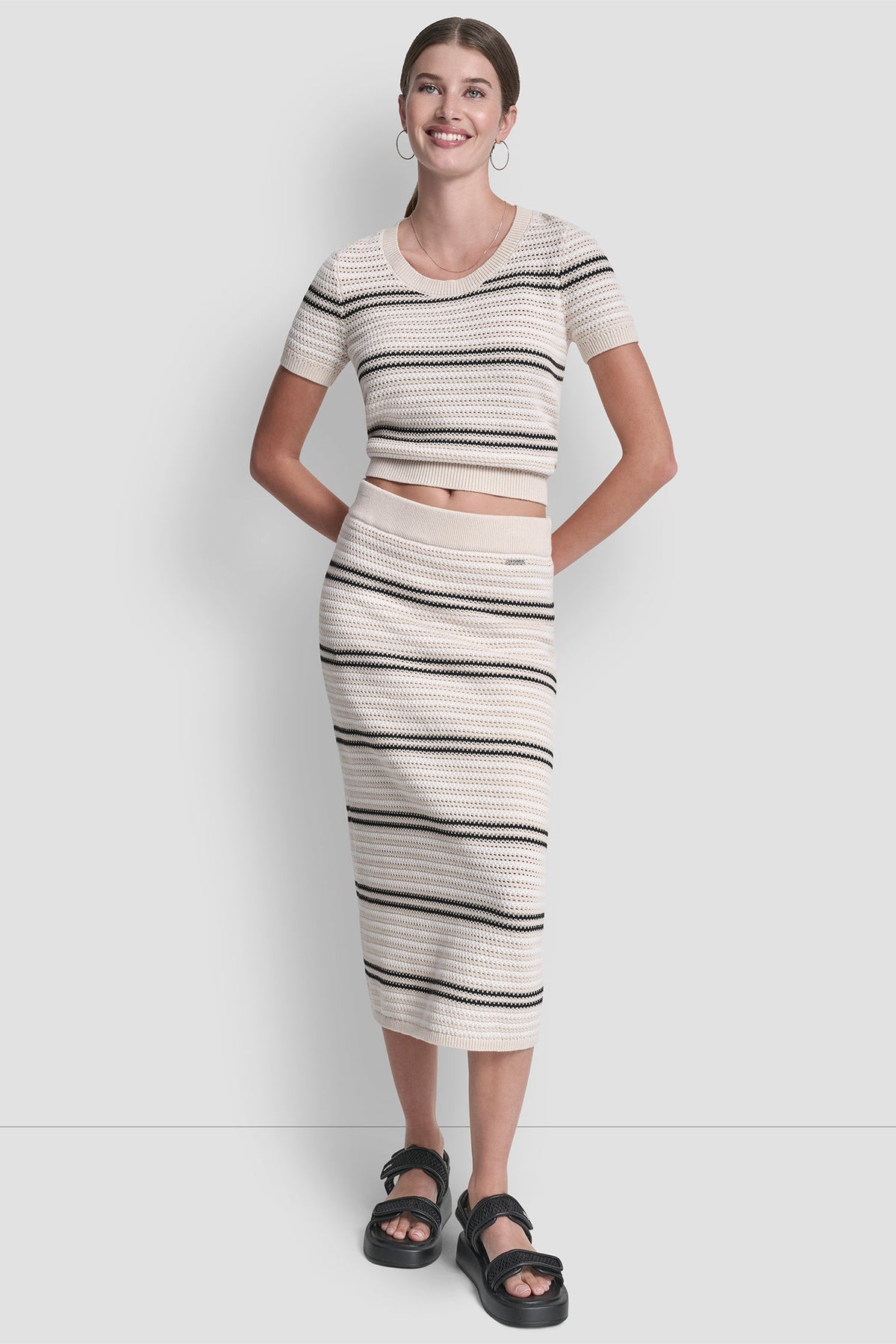 STRIPED POINTELLE STITCH MIDI SKIRT Natural/Ivory/Black | DKNY