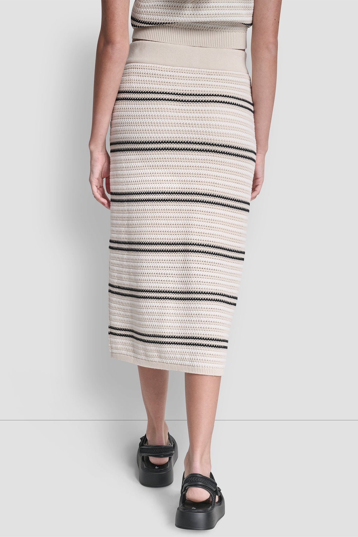 STRIPED POINTELLE STITCH MIDI SKIRT Natural/Ivory/Black | DKNY
