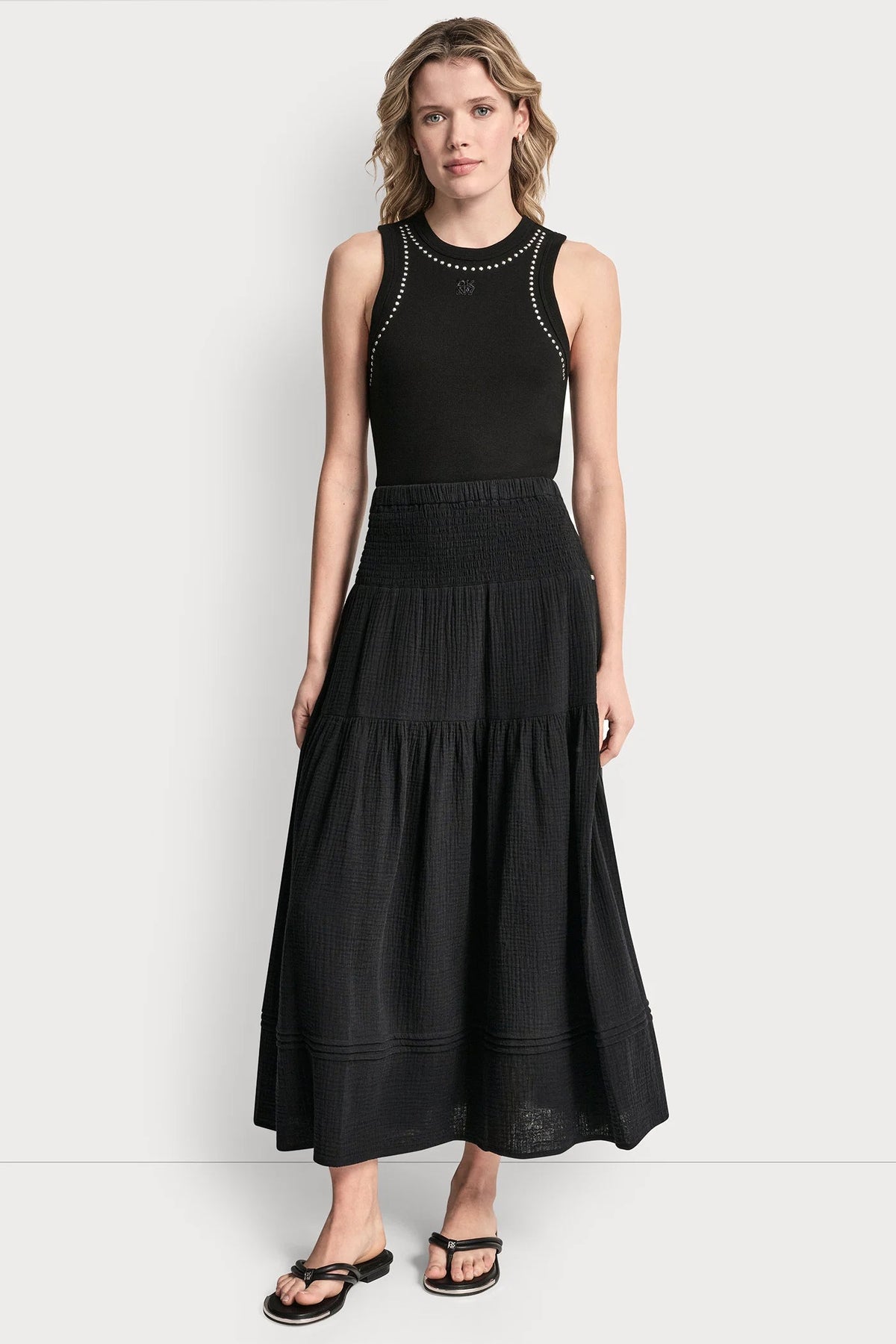 SMOCKED WAIST MAXI TIERED SKIRT Mineral | DKNY