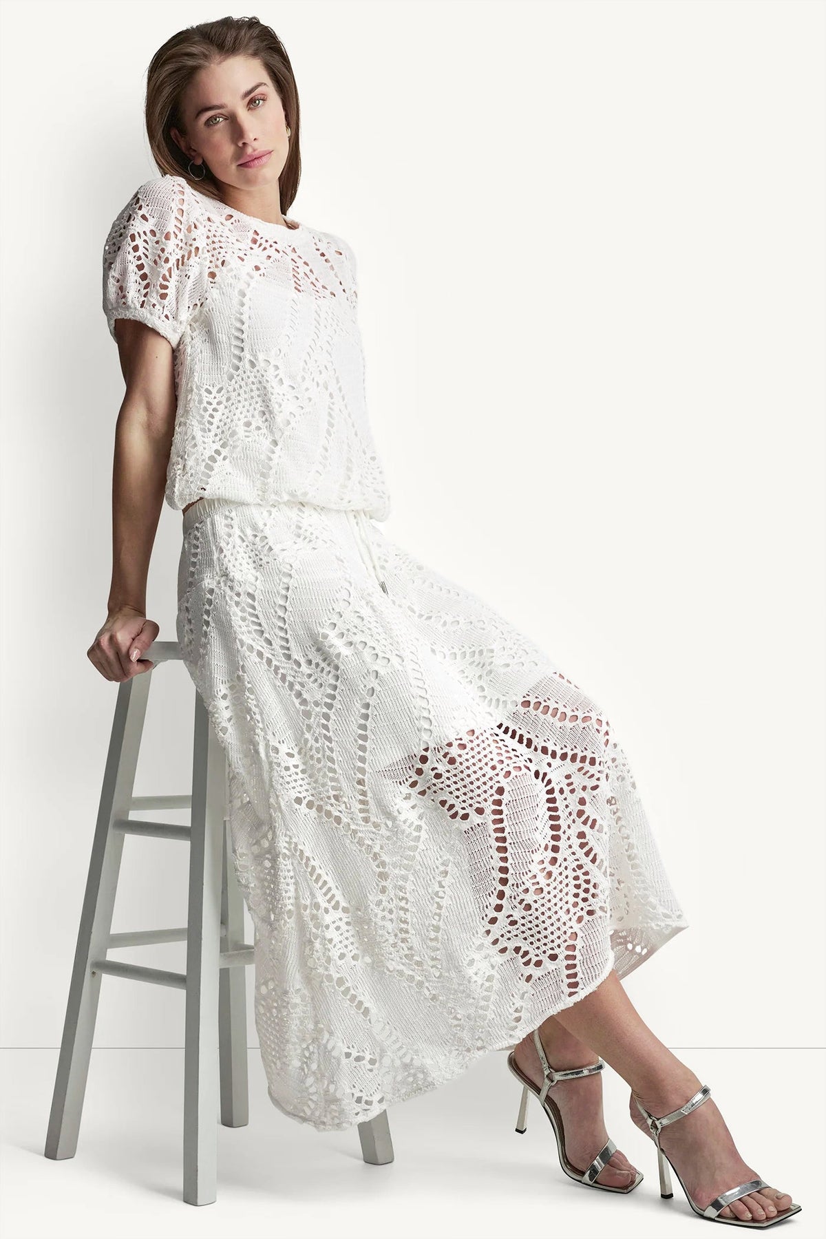 COTTON-BLEND CROCHET LEAF MIDI SKIRT Ivory | DKNY