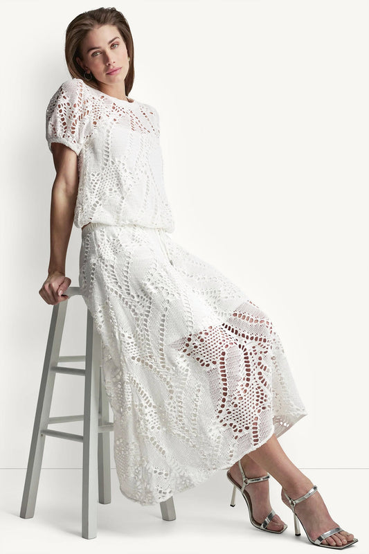 COTTON-BLEND CROCHET LEAF MIDI SKIRT Ivory | DKNY