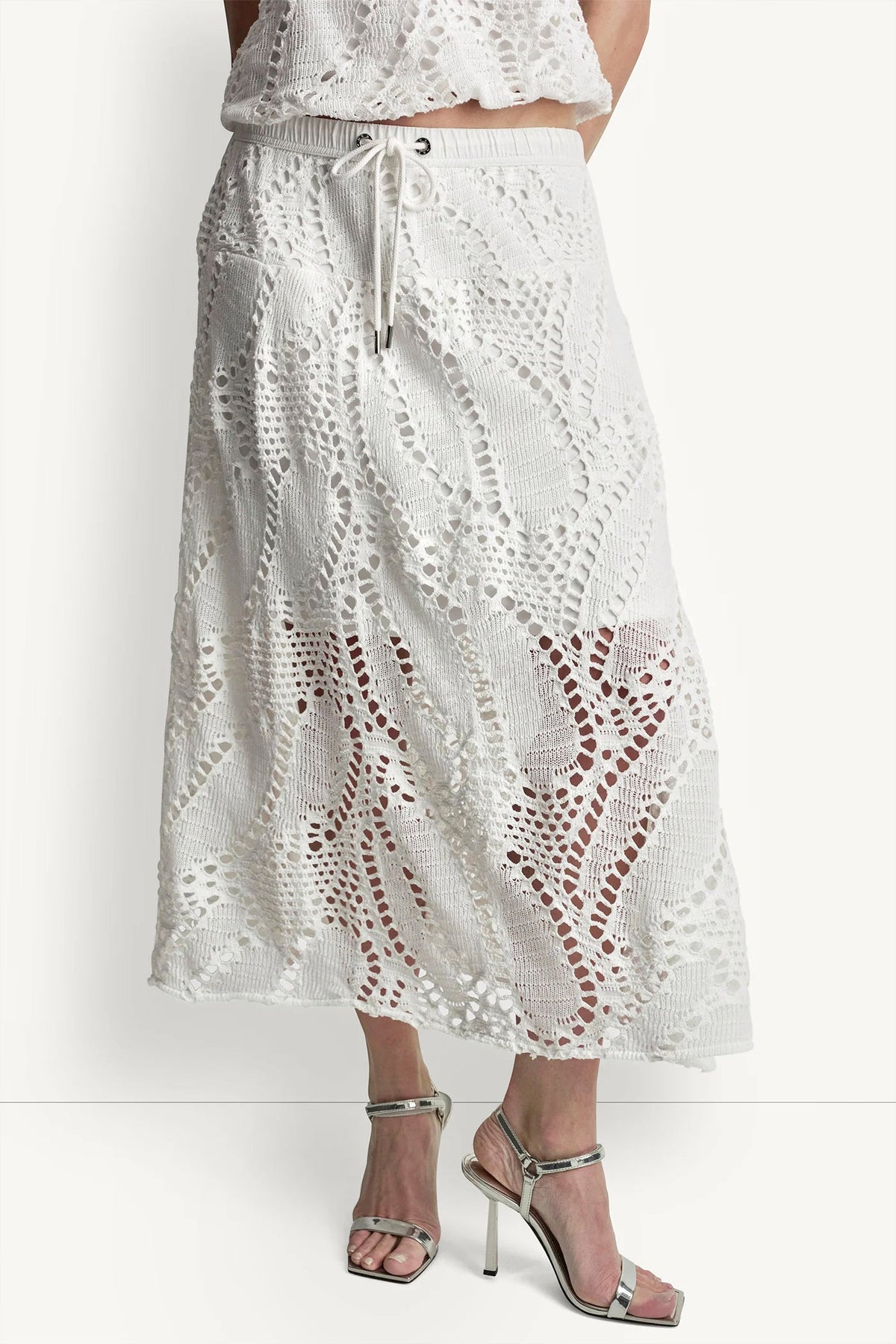 COTTON-BLEND CROCHET LEAF MIDI SKIRT Ivory | DKNY