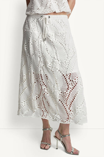COTTON-BLEND CROCHET LEAF MIDI SKIRT Ivory | DKNY