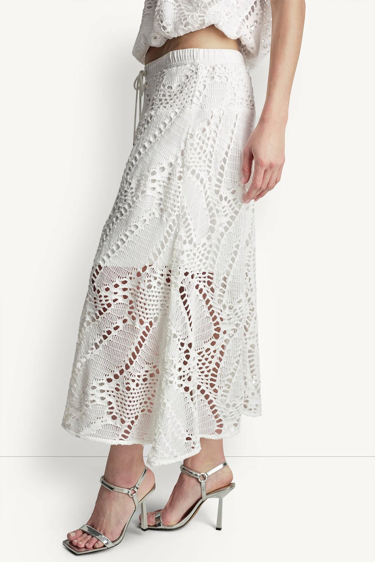 COTTON-BLEND CROCHET LEAF MIDI SKIRT Ivory | DKNY