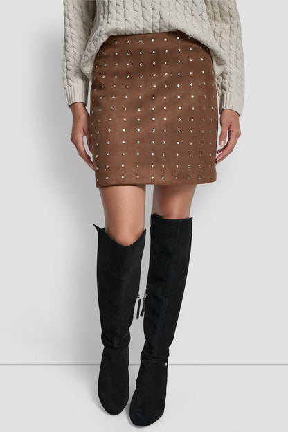 EMBELLISHED FAUX SUEDE MINI SKIRT BURNT SUGAR FAUX SUEDE | DKNY
