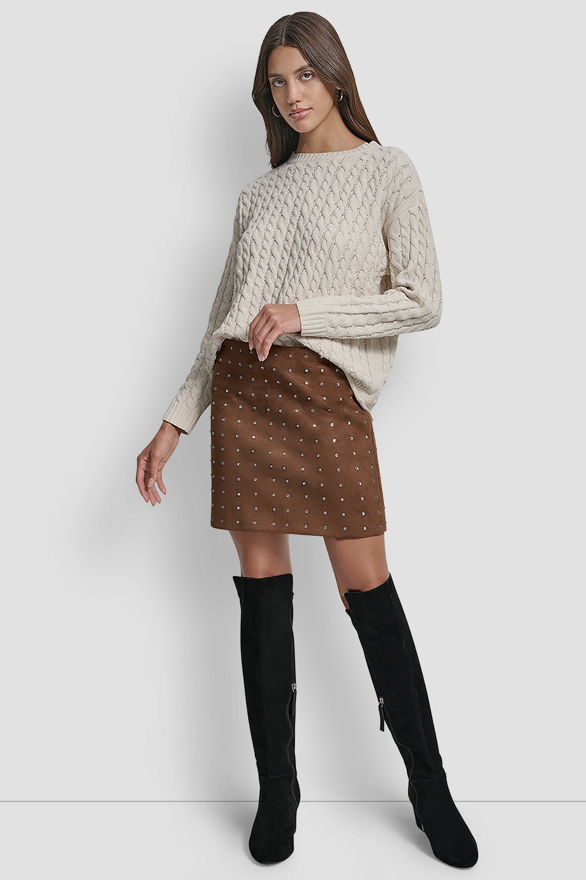 EMBELLISHED FAUX SUEDE MINI SKIRT BURNT SUGAR FAUX SUEDE | DKNY