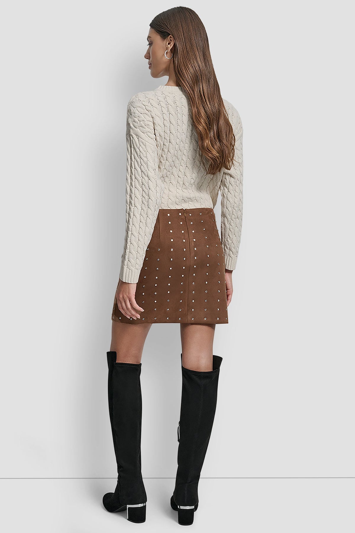 EMBELLISHED FAUX SUEDE MINI SKIRT BURNT SUGAR FAUX SUEDE | DKNY