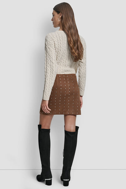 EMBELLISHED FAUX SUEDE MINI SKIRT BURNT SUGAR FAUX SUEDE | DKNY