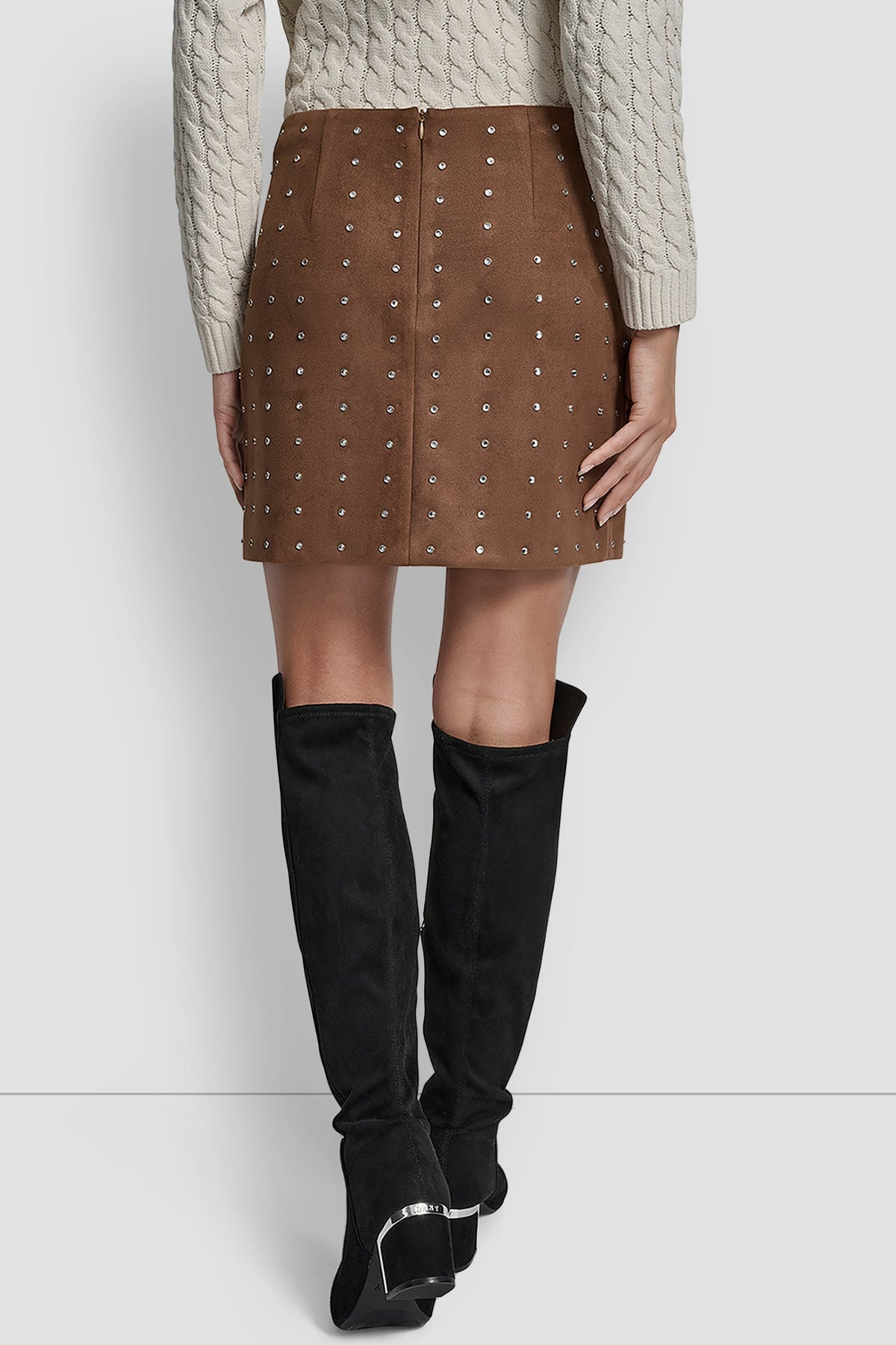 EMBELLISHED FAUX SUEDE MINI SKIRT BURNT SUGAR FAUX SUEDE | DKNY
