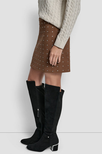 EMBELLISHED FAUX SUEDE MINI SKIRT BURNT SUGAR FAUX SUEDE | DKNY