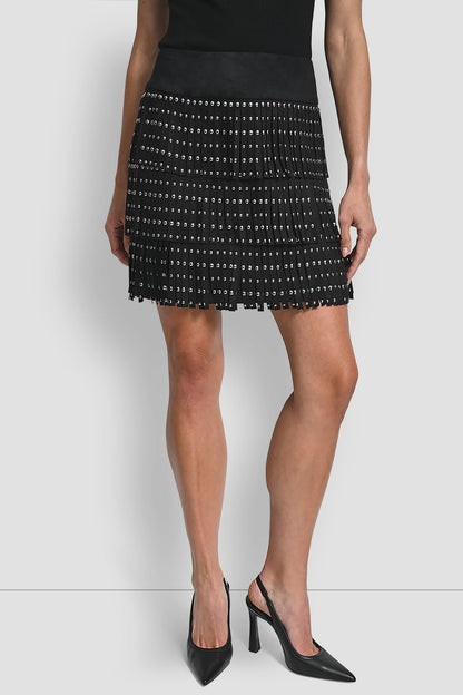 FAUX SUEDE STUDDED FRINGE MINI SKIRT Black | DKNY