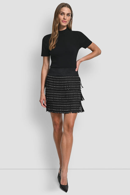 FAUX SUEDE STUDDED FRINGE MINI SKIRT Black | DKNY