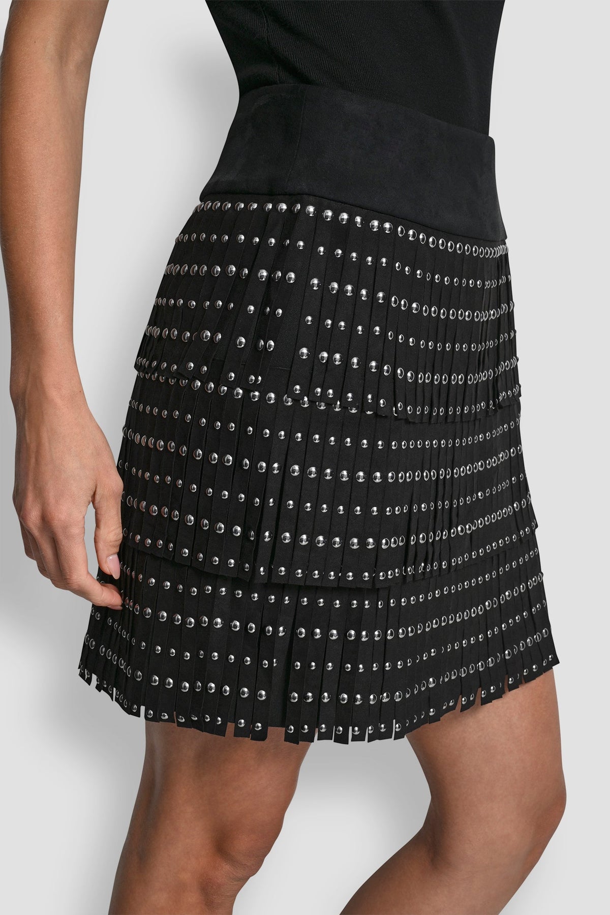 FAUX SUEDE STUDDED FRINGE MINI SKIRT Black | DKNY