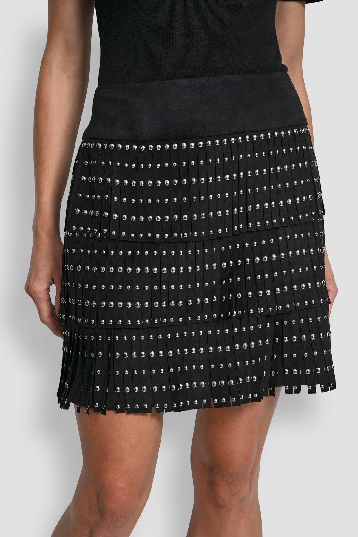 FAUX SUEDE STUDDED FRINGE MINI SKIRT Black | DKNY