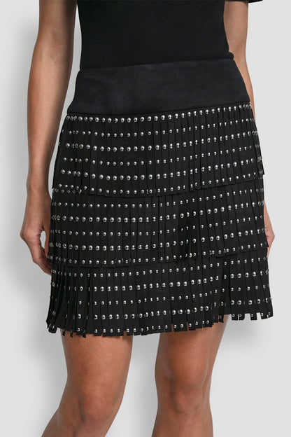 FAUX SUEDE STUDDED FRINGE MINI SKIRT Black | DKNY