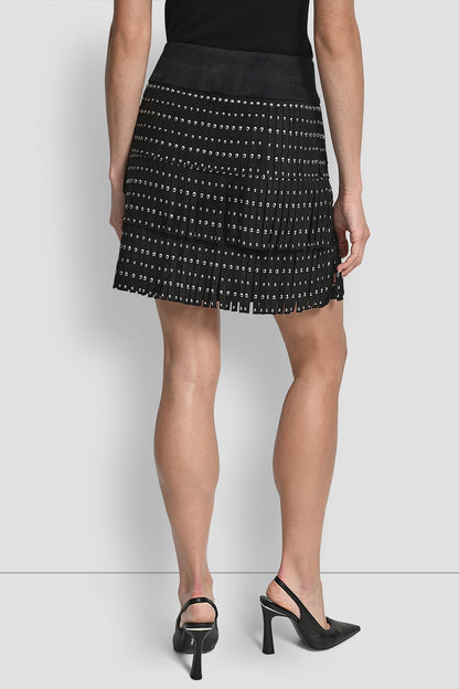 FAUX SUEDE STUDDED FRINGE MINI SKIRT Black | DKNY