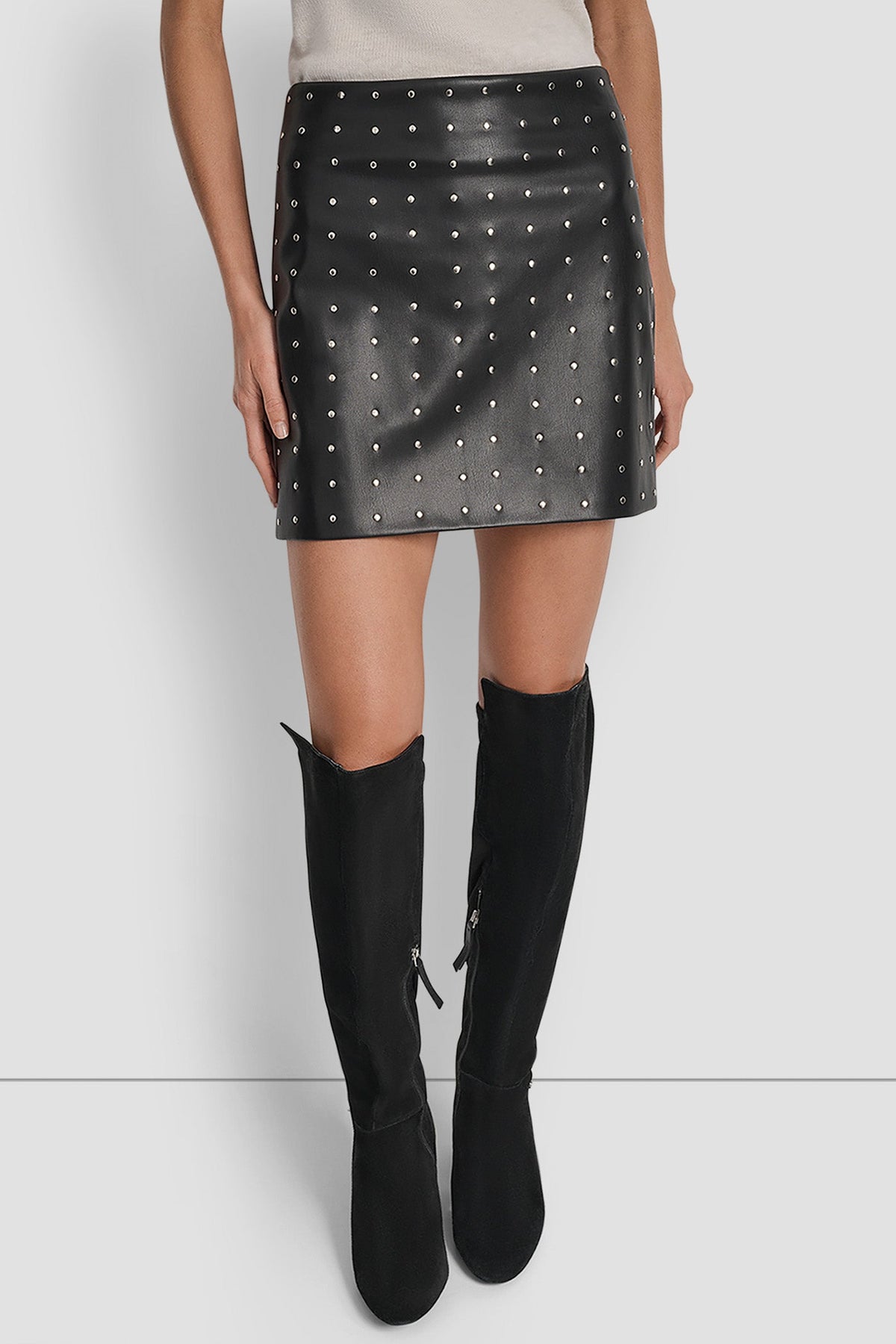 EMBELLISHED FAUX LEATHER SKIRT BLACK FAUX LEATHER | DKNY