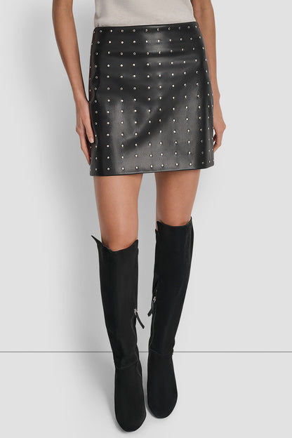 EMBELLISHED FAUX LEATHER SKIRT BLACK FAUX LEATHER | DKNY