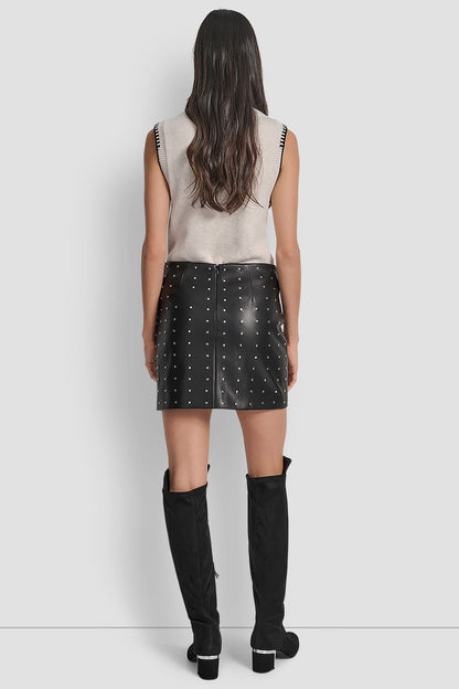 EMBELLISHED FAUX LEATHER SKIRT BLACK FAUX LEATHER | DKNY