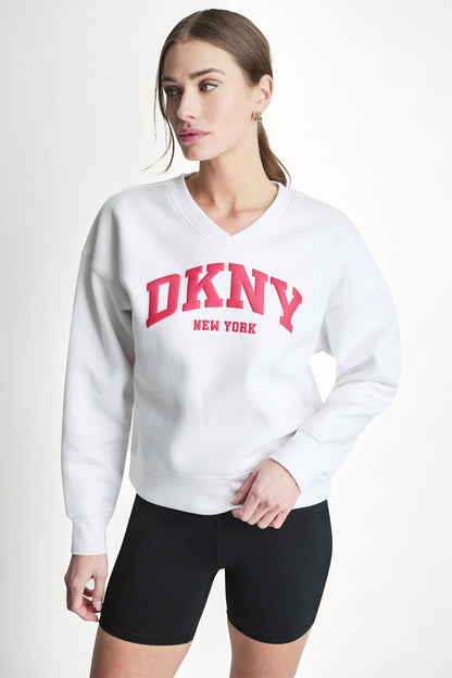 PUFF VARSITY LOGO V-NECK PULLOVER White/Punch | DKNY