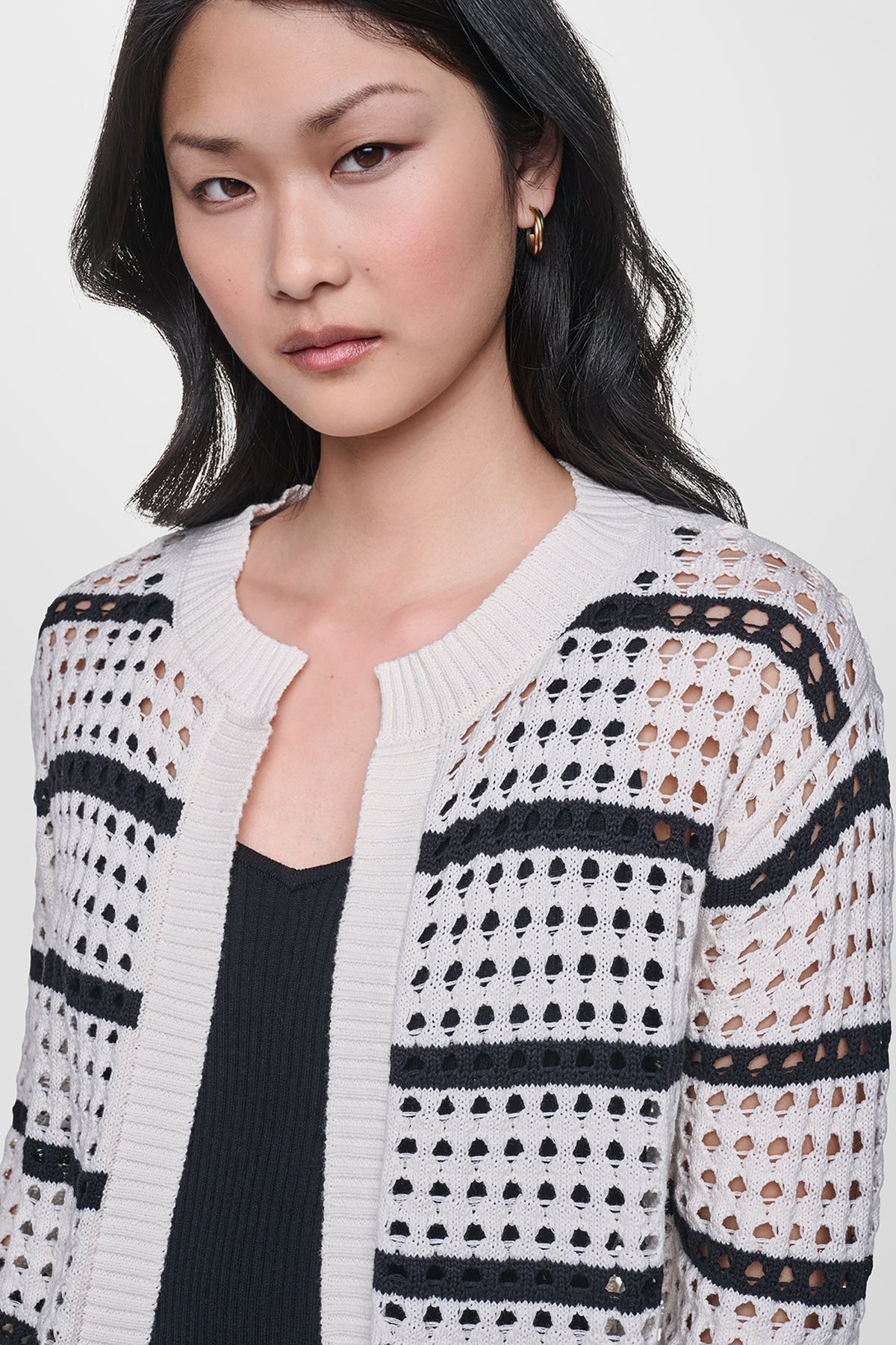 OPEN STITCH STRIPE CARDIGAN Travertine/Black | DKNY
