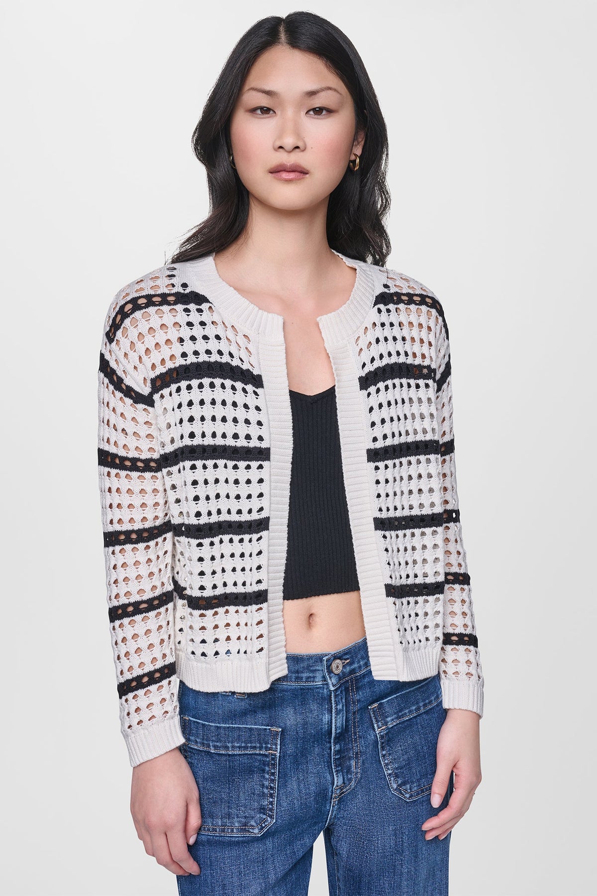 OPEN STITCH STRIPE CARDIGAN Travertine/Black | DKNY