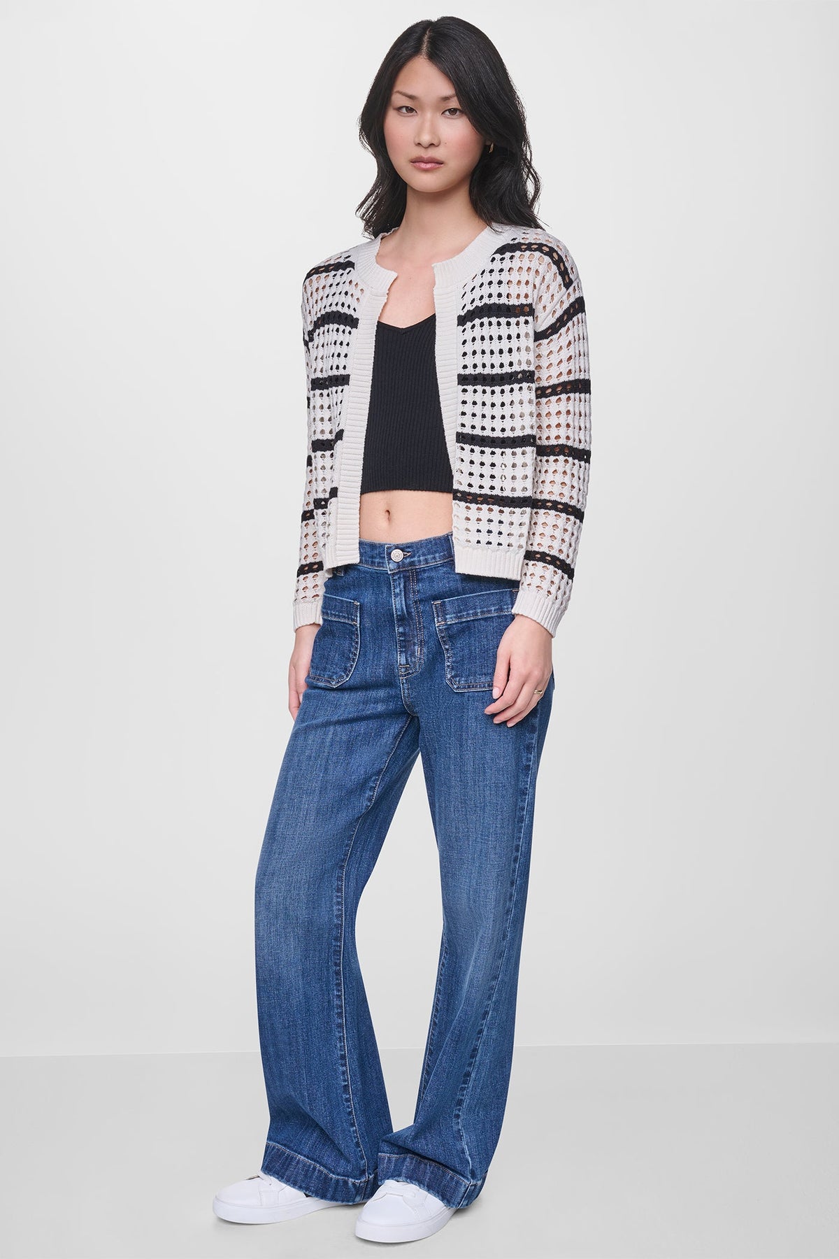 OPEN STITCH STRIPE CARDIGAN Travertine/Black | DKNY