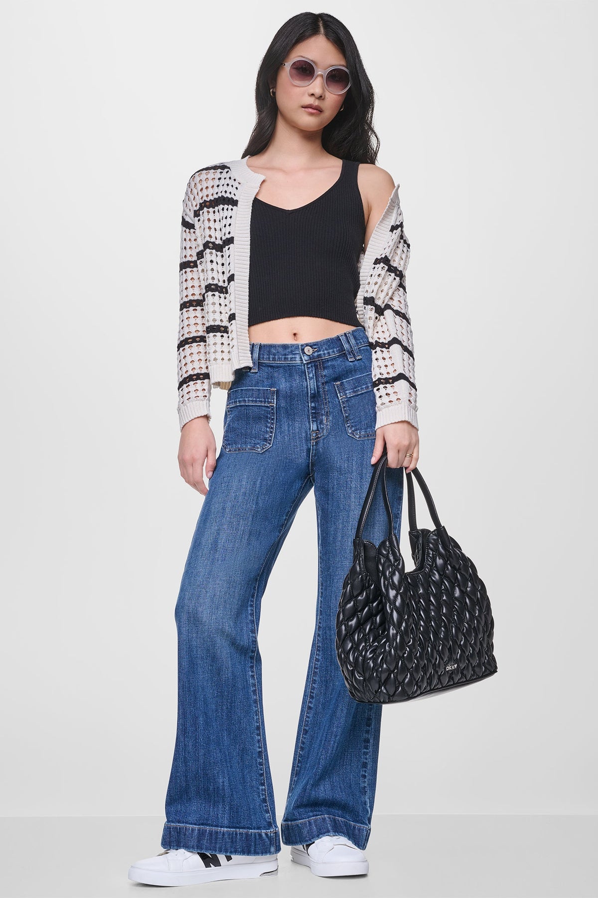 OPEN STITCH STRIPE CARDIGAN Travertine/Black | DKNY