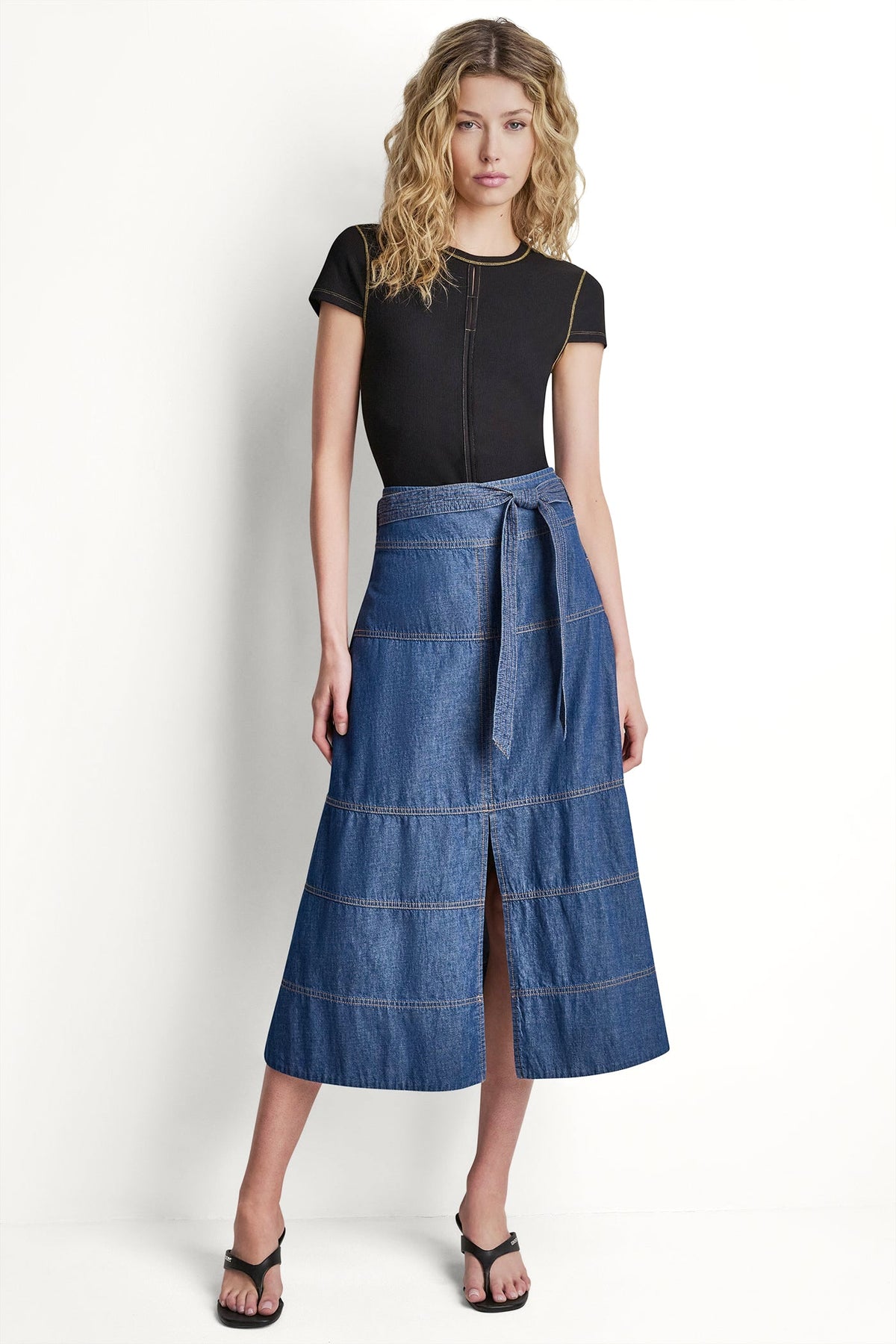 TIE WAIST CONTRAST STITCH SKIRT Crosby Wash | DKNY