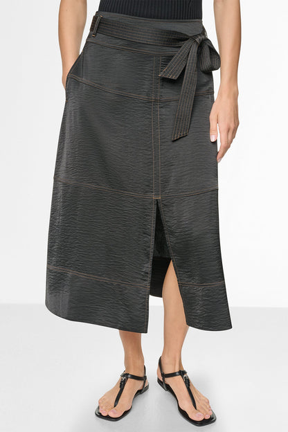 TIE WAIST CONTRAST STITCH MIDI SKIRT Black | DKNY