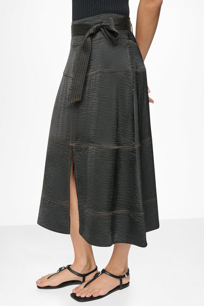 TIE WAIST CONTRAST STITCH MIDI SKIRT Black | DKNY
