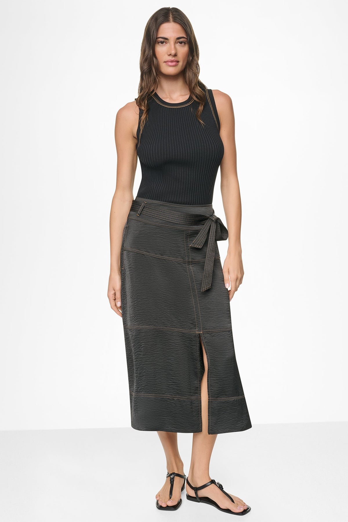 TIE WAIST CONTRAST STITCH MIDI SKIRT Black | DKNY