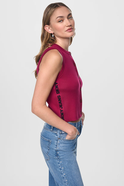 CROPPED SLEEVELESS LOGO TRIM SWEATER Beet/Black | DKNY