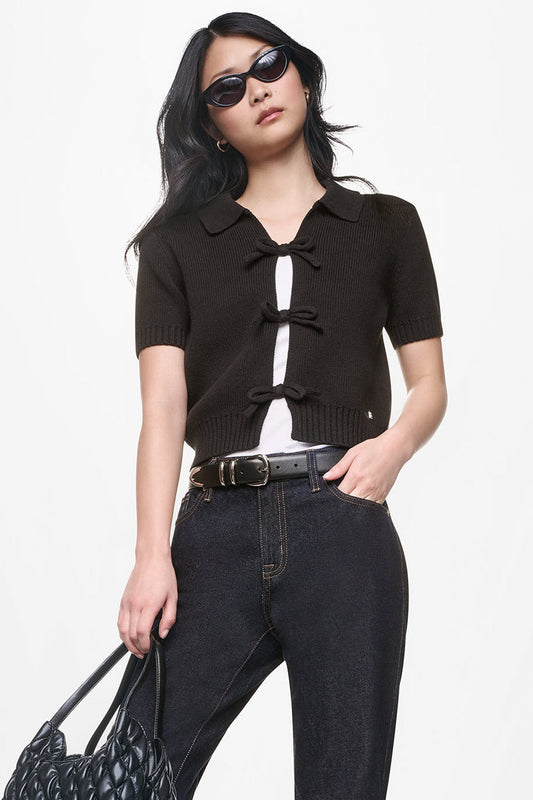 SHORT SLEEVE TIE FRONT POLO SWEATER Black | DKNY