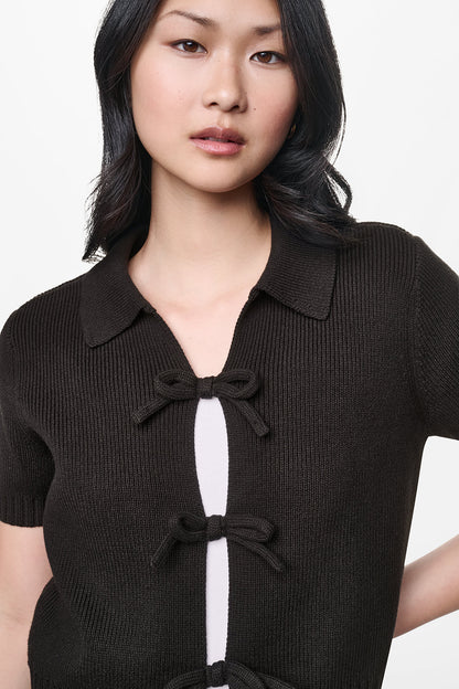 SHORT SLEEVE TIE FRONT POLO SWEATER Black | DKNY