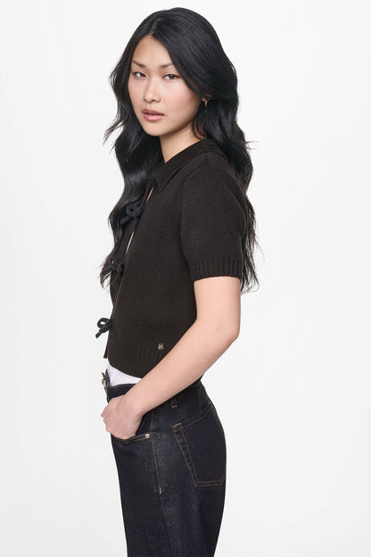 SHORT SLEEVE TIE FRONT POLO SWEATER Black | DKNY