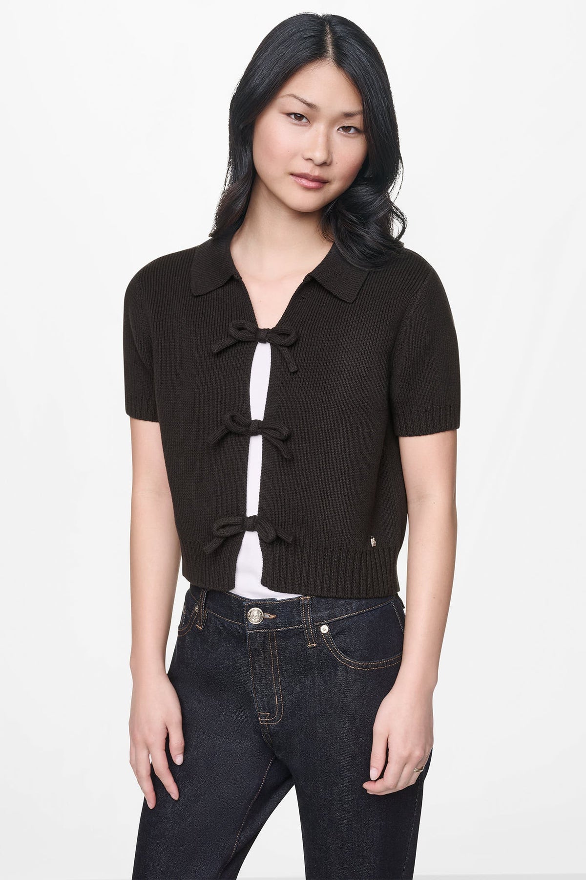 SHORT SLEEVE TIE FRONT POLO SWEATER Black | DKNY