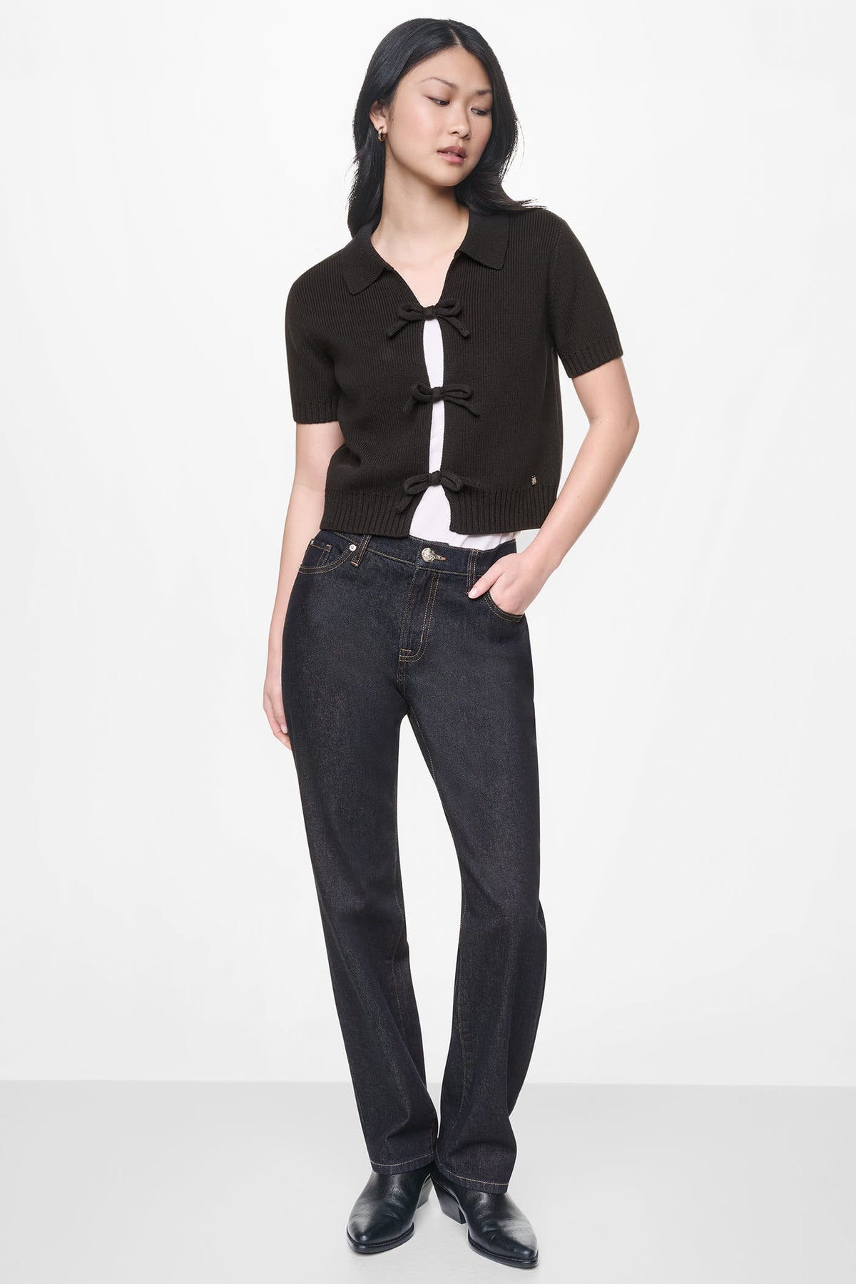 SHORT SLEEVE TIE FRONT POLO SWEATER Black | DKNY