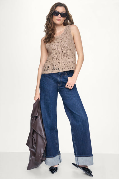 SLEEVELESS CROCHET SQUARE SWEATER Travertine | DKNY