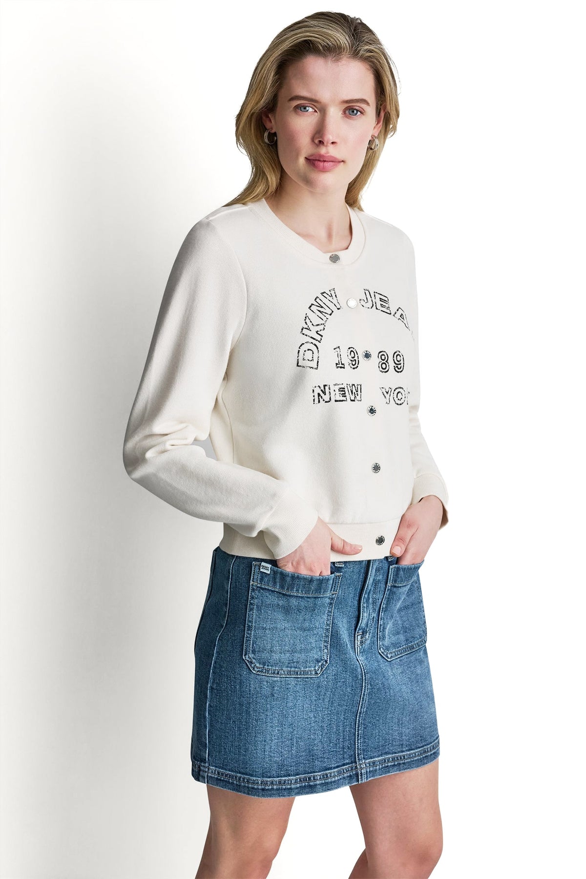 BUTTON FRONT SHRUNKEN LOGO JACKET Eggnog | DKNY