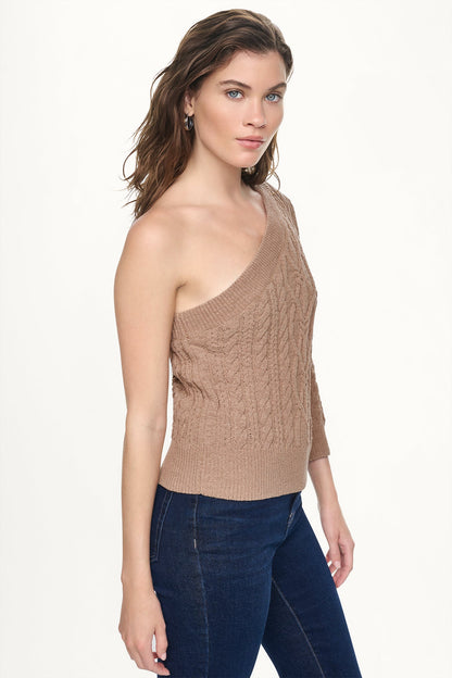 ONE SHOULDER CABLE KNIT SWEATER Travertine | DKNY