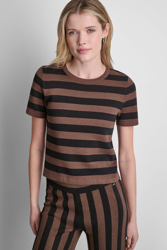 SHORT SLEEVE STRIPE SWEATER Chestnut/Black | DKNY