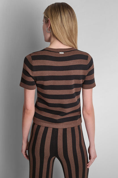 SHORT SLEEVE STRIPE SWEATER Chestnut/Black | DKNY